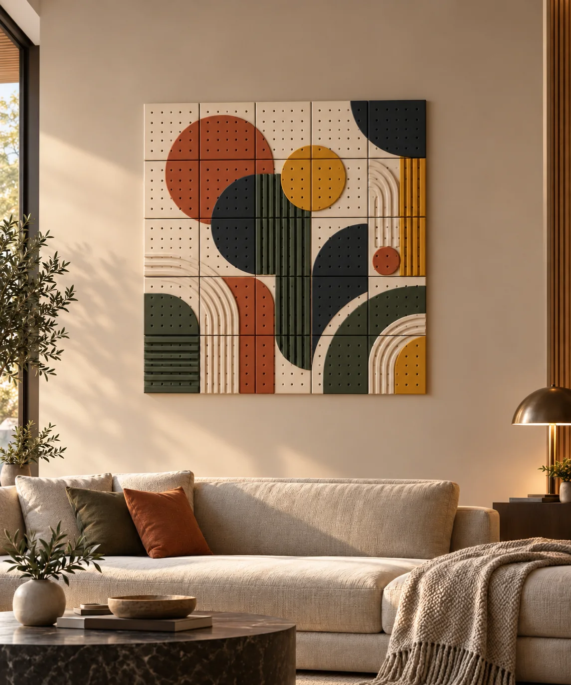 AI concept: warm geometric pegboard wall art above a living-room sofa